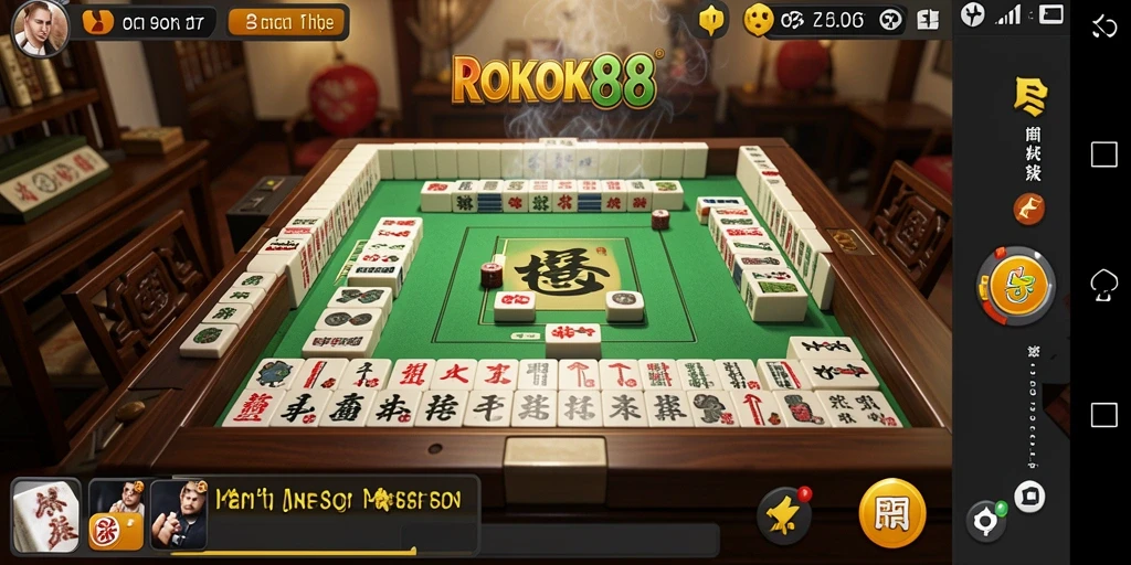Screenshot gameplay ROKOK88 menampilkan suasana mahjong yang menggembirakan.