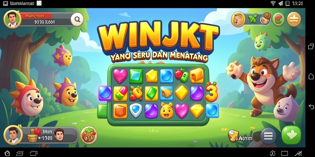 Screenshot gameplay WINJKT menampilkan aksi mencocokkan batu permata.